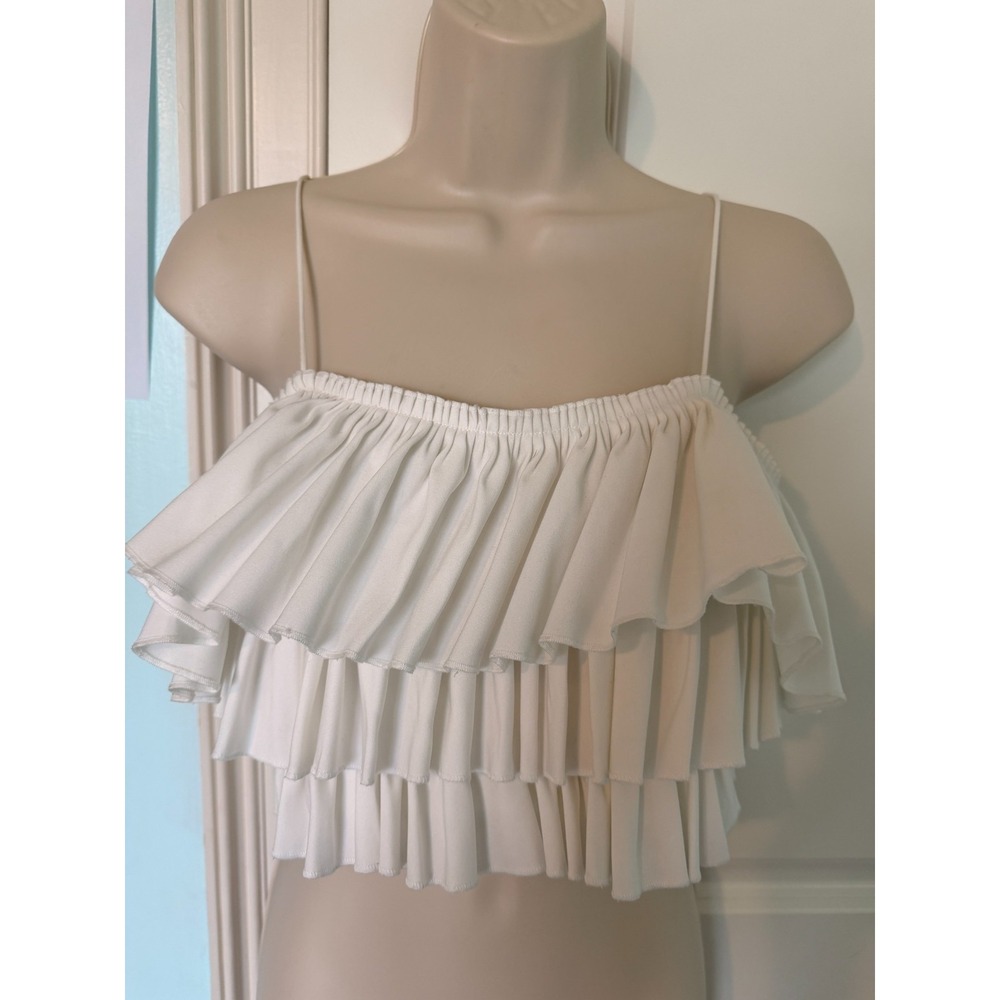Zara White Tiered Ruffle Cami Crop Top Women's Size Large L Spaghetti Straps